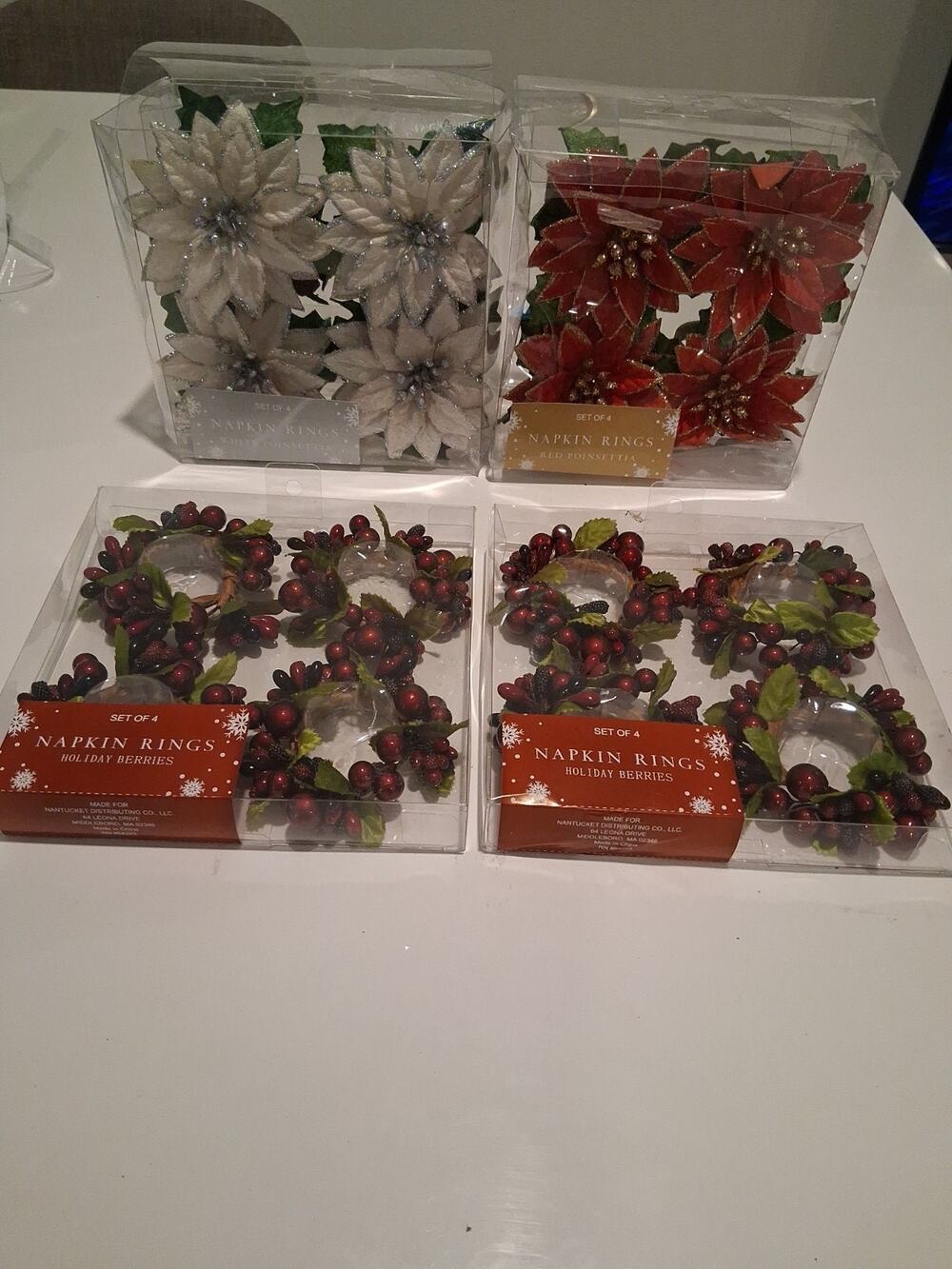 Lot 4 Nantucket Distributing Christmas Napkin Rings Poinsettia Holiday Berries